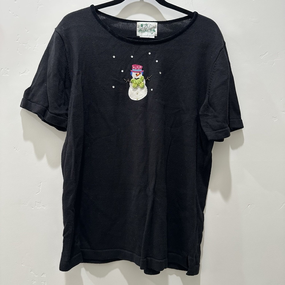 Quacker Factory Womens Sweatshirt Black Embroidered Snowman Short Sleeve Beads L